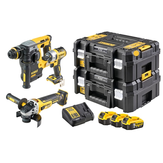 DEWALT power tool set including a rotary hammer, impact driver, angle grinder, three stackable tool boxes, three batteries, and a battery charger, displayed on a white background.