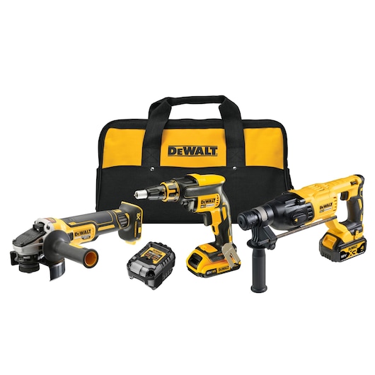 DEWALT tool set with three power tools, battery, charger, and a branded carrying bag.