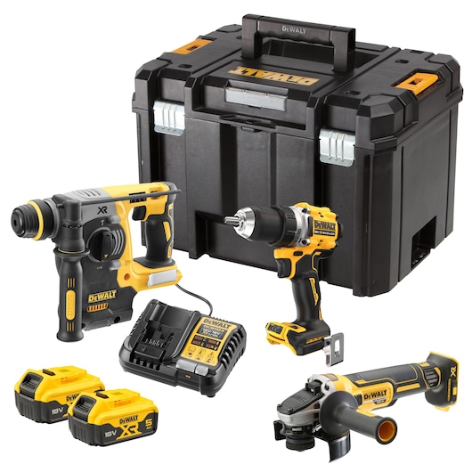 DEWALT kit with cordless drill, grinder, rotary hammer, two batteries, charger, and hard case.