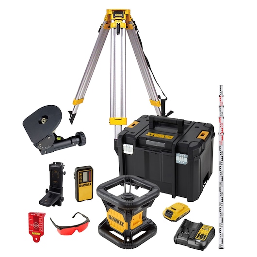A DEWALT photography kit containing a tripod, a laser level, a laser receiver, grading rod, various accessories such as mounting brackets, red safety glasses, a target card, power charger, battery, and a sturdy black and yellow carrying case. All items are arranged together and designed for professional construction or surveying tasks.