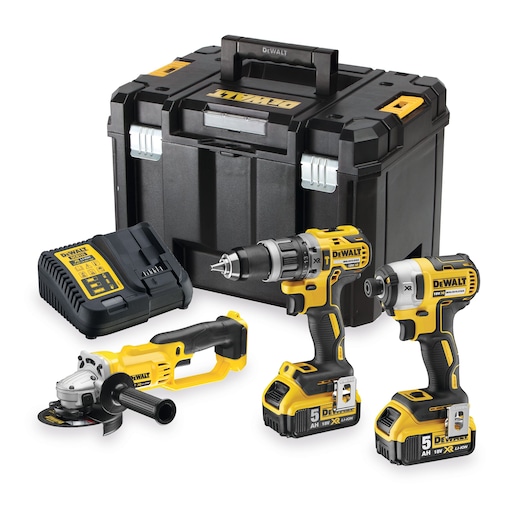 DEWALT tool kit with drill, impact driver, grinder, charger and storage box shown together.