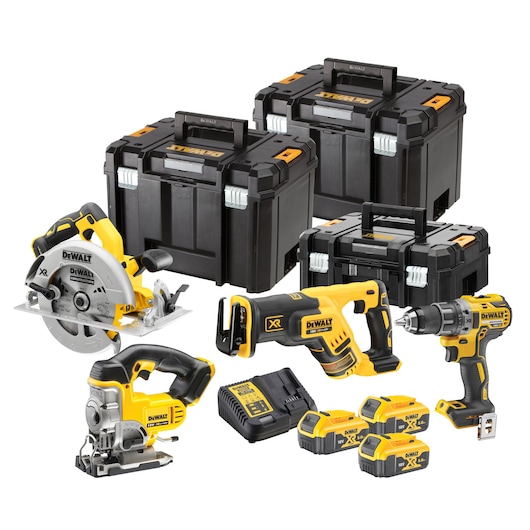 DEWALT tool set with power tools, batteries, charger, and black toolboxes, ideal for construction and repair tasks.