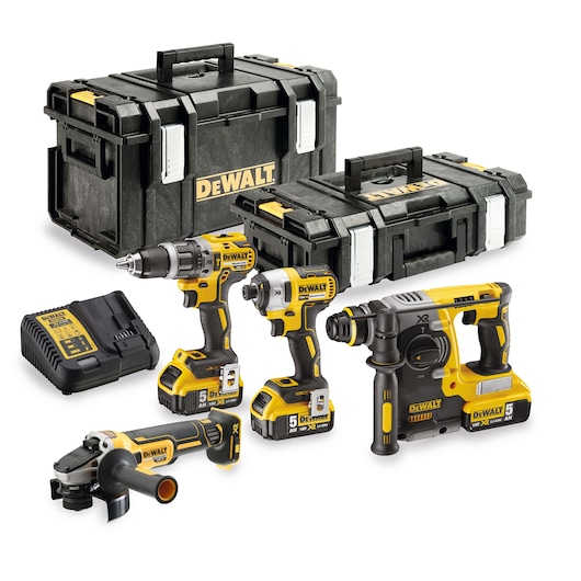 DEWALT power tool set with drill, impact driver, grinder, rotary hammer, batteries, charger, and two hard cases.