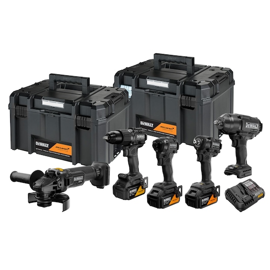 DEWALT tool set with cordless tools, battery charger, and two storage boxes, all in black.