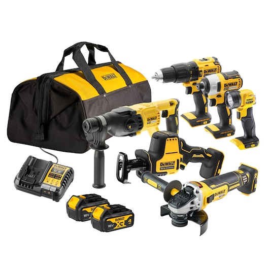DEWALT tool kit with bag, six cordless tools, two batteries, and a charger, shown together.