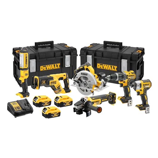 DEWALT DCK623P3 kit with power tools, batteries, charger, and two tool cases, all arranged together.