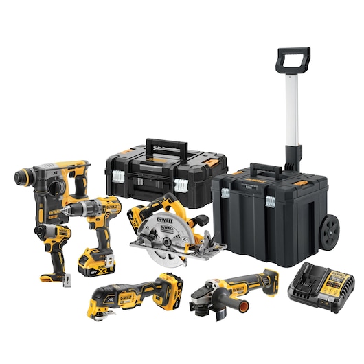 DEWALT power tool set with drill, saw, grinder, cases, charger, and toolbox with wheels.