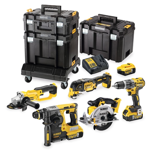 DEWALT tool kit with power tools, batteries, charger, wheeled and carry cases displayed on white background.