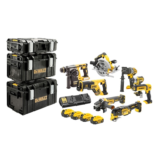 DEWALT tool kit with three storage cases, various power tools, four batteries, and a charger shown on a white background.