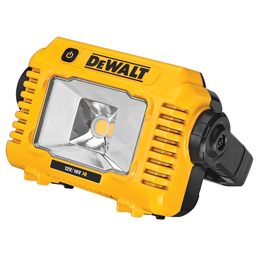 Yellow DEWALT portable LED work light with adjustable black handle, suitable for 12V/18V XR batteries.