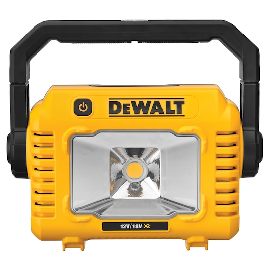 Yellow DEWALT portable LED work light with black handle, front view, 12V/18V, suitable for photography lighting.