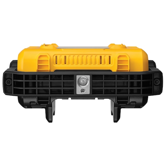 Front view of a DEWALT DCL077 portable LED work light in yellow and black, with a sturdy base and mounting slot.