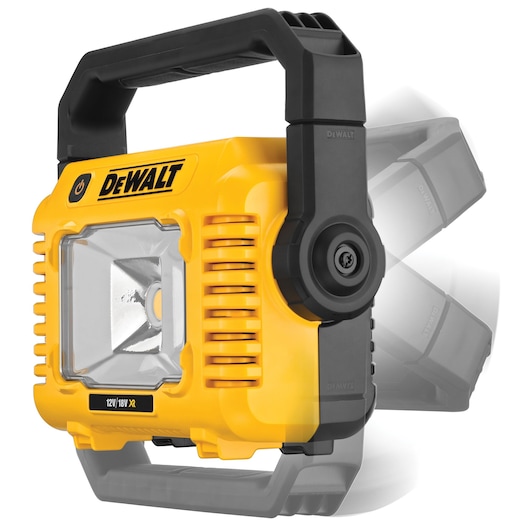 DEWALT DCL077 portable LED work light with adjustable handle and durable yellow body.
