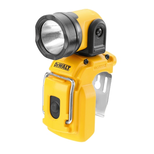 DEWALT DCL510N yellow compact LED work light with pivoting head and belt clip.