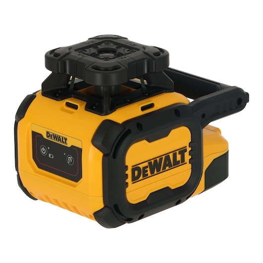 A DEWALT DCLE05211R rotary laser level device for construction and surveying work, featuring a rugged yellow and black design with a handle and control panel.