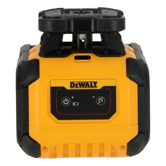 Front view of a yellow and black DEWALT rotary laser level with control panel and power button.