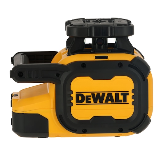 Side view of a DEWALT DCLE05211R yellow and black rotary laser level, used for precise leveling and alignment in construction and photography applications.