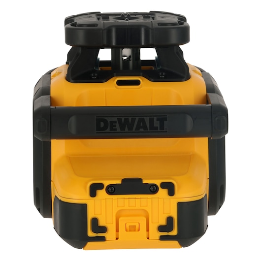 Front view of a DEWALT DCLE05211R yellow and black laser level tool, showing the rugged design and prominent DEWALT logo.