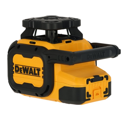 A yellow and black DEWALT-branded rotary laser level device with a protective handle and durable casing, designed for precision measurement and construction applications.