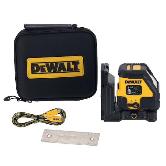 DEWALT laser level kit with carrying case, USB cable, metal ruler, and yellow-black device shown.