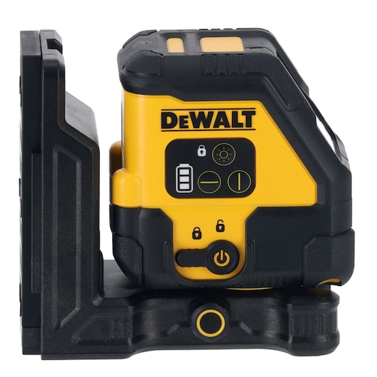 DEWALT yellow laser level device with control buttons, mounted on black base, side view.