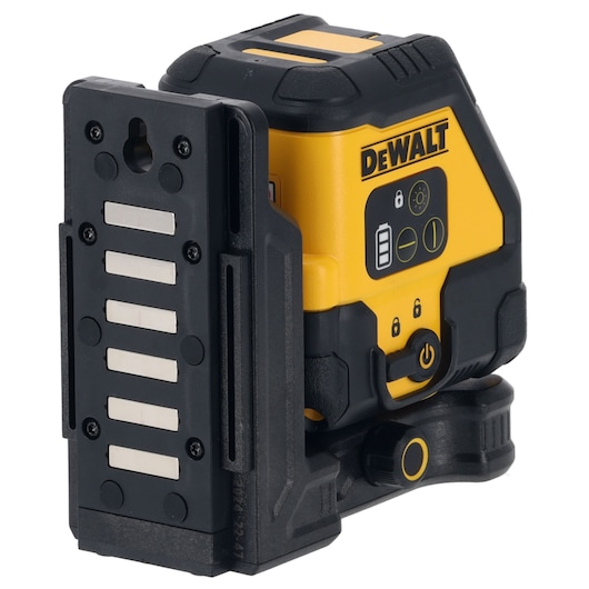 DEWALT yellow and black laser level device with control buttons and mounting bracket.