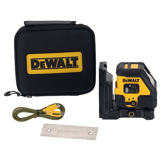 DEWALT laser level kit with carry case, charger cable, and metal ruler, all displayed on a white background.
