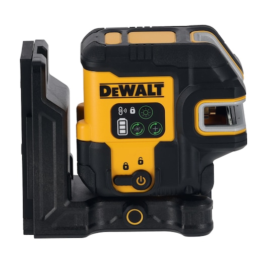 DEWALT DCLE14251G green laser level with control buttons, battery indicator, and mounting base.