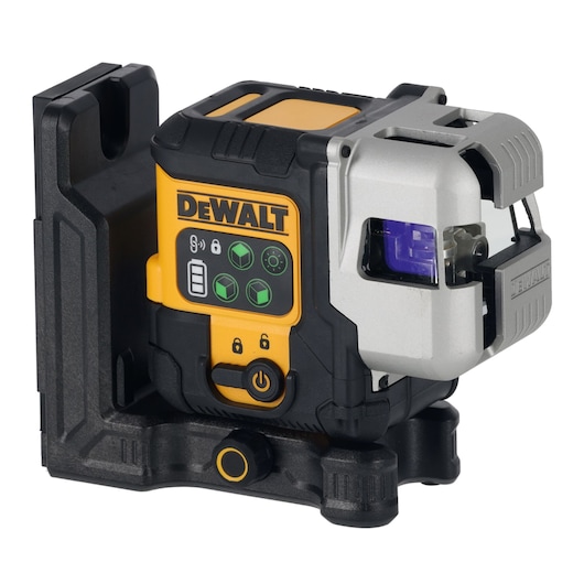 DEWALT green laser level DCLE14301G with mount, used for precise alignment in construction or photography.