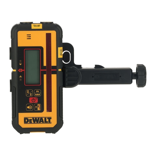 A DEWALT digital laser receiver with clamp, featuring a yellow and black casing, LCD display, control buttons, and a mounting bracket attached on the right side.