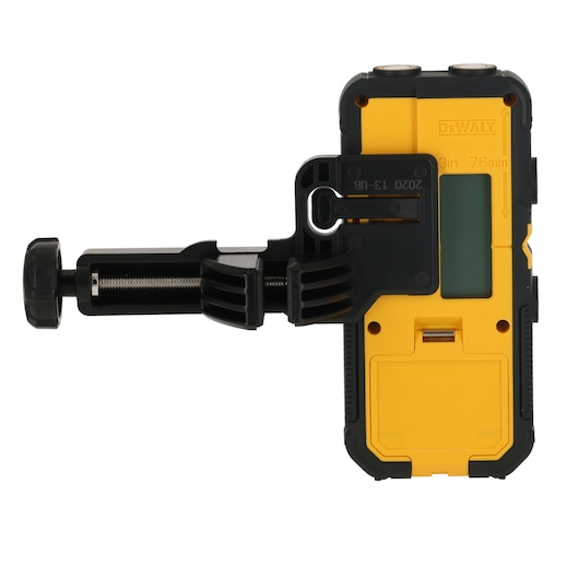 A DEWALT DCLE15211R laser detector for construction and leveling, featuring a robust yellow and black body, an adjustable mounting bracket, LCD screen, and control buttons.