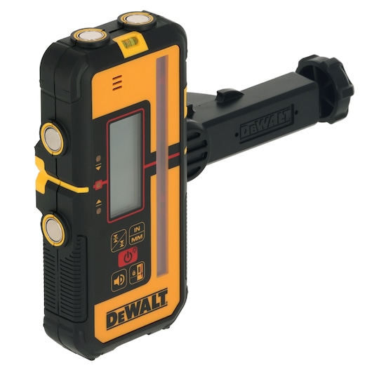 A DEWALT digital laser detector with a yellow and black rugged design, featuring a display screen, control buttons, and an adjustable mounting bracket.