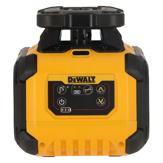 Front view of a DEWALT yellow and black rotary laser level with control buttons and display panel.