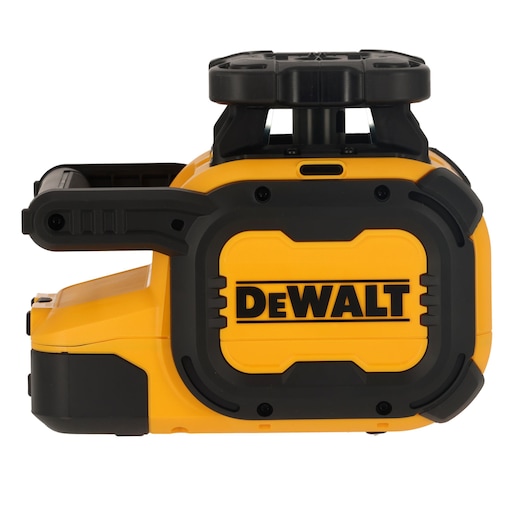 Side view of a DEWALT DCLE15211R laser level device, primarily yellow and black, featuring robust housing and a large DEWALT logo on the side.