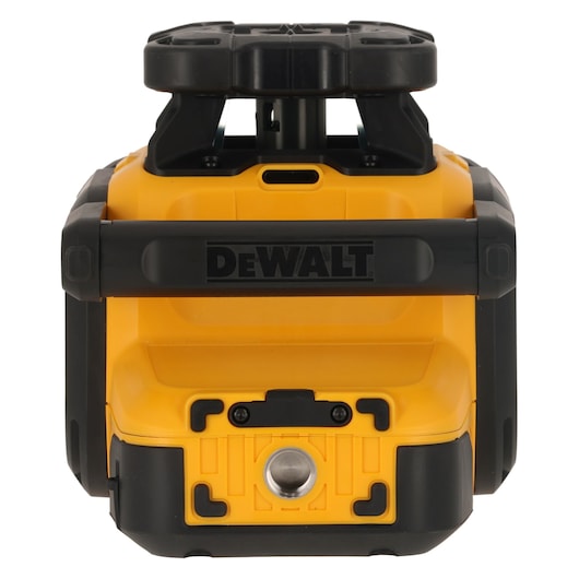 Front view of a yellow and black DEWALT laser level device with a robust design, featuring a mounting bracket and branded DEWALT logo.