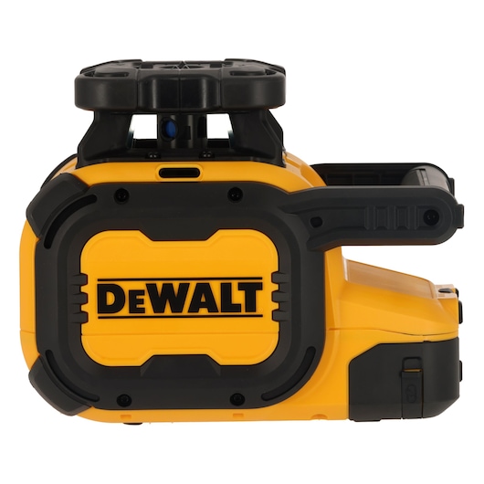 A DEWALT yellow and black rotary laser level device, designed for accurate leveling and alignment in construction or photography, shown from the side.