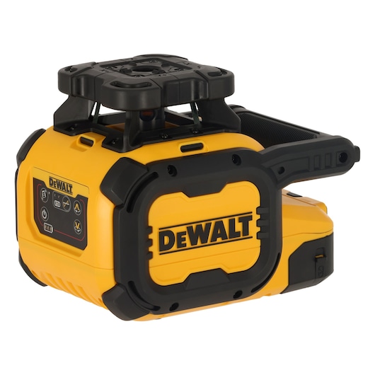 A DEWALT yellow and black rotary laser level device, model DCLE15211R, used for precise leveling and alignment in construction or surveying.