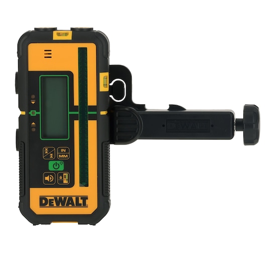 DEWALT DCLE15221G-QW digital laser detector with clamp, featuring a yellow and black casing, LCD screen, control buttons, and leveling bubbles.