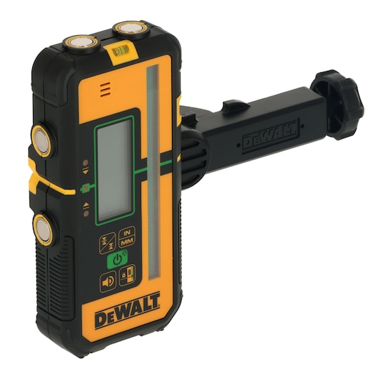 A DEWALT-branded digital laser detector with a black and yellow casing, LCD display screen, control buttons, and mounting bracket arm, designed for accurate measurement and detecting laser lines in construction or photography applications.