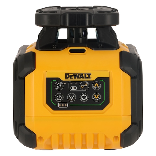 Front view of a DEWALT DCLE15221G-QW rotary laser level featuring a control panel with various function icons and the DEWALT logo. The device is yellow with black protective casing.