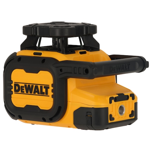 A DEWALT-branded yellow and black rotary laser level tool with a handle, designed for precise measurement and alignment tasks.