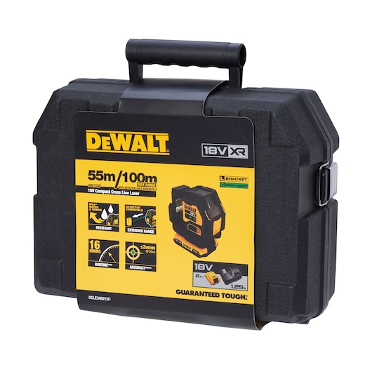 DEWALT 18V XR Compact Cross Line Laser kit in a durable black carrying case with a handle. The label displays product features such as 55m/100m max range, 16 hours runtime, resistance, extended range, accuracy of ±3mm at 10m, and compatibility with 18V batteries. Model: DCLE34021D1.