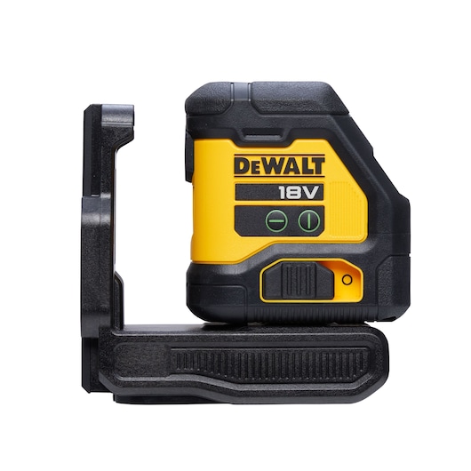 DEWALT 18V yellow and black laser level device with mount, shown from the side on a white background.