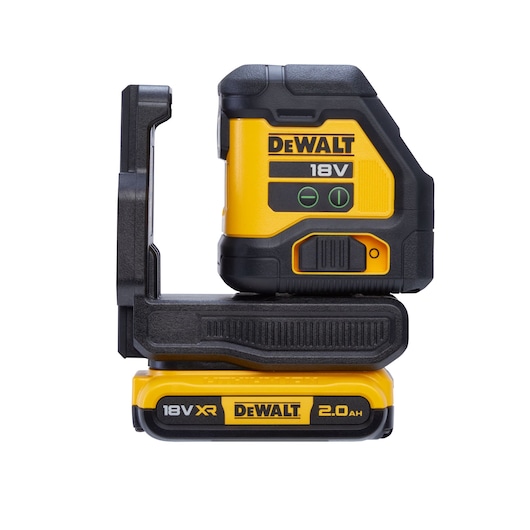 DEWALT 18V yellow and black laser level tool with 2.0Ah battery, shown from the side on a white background.