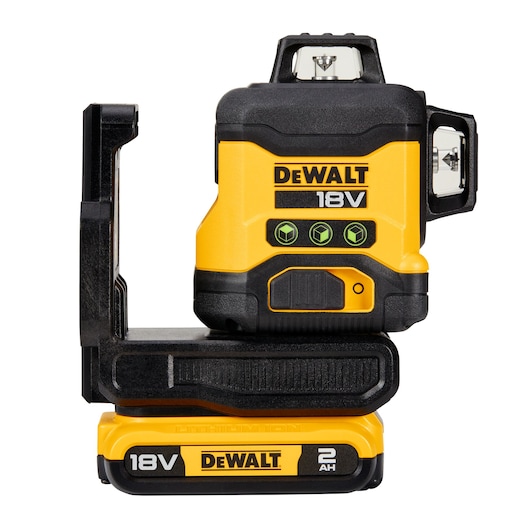 DEWALT 18V laser level with rechargeable battery, yellow and black, product for precise alignment and measurements.