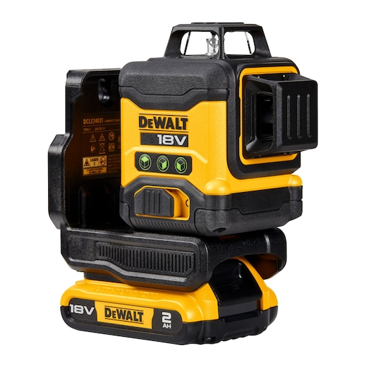 DEWALT 18V laser level device with 2Ah battery, compact design in yellow and black, model DCLE34031D1.
