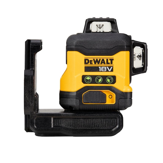 DEWALT 18V yellow and black laser level device on a black mounting bracket, shown from the side view.