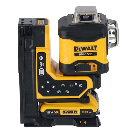 A DEWALT 18V XR lithium ion laser level tool with a yellow and black design, featuring control buttons and indicator lights on the side.