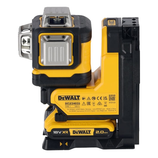 DEWALT DCLE34035D1 18V XR lithium ion battery-powered yellow and black compact laser level tool, shown in close-up with visible branding and product details.