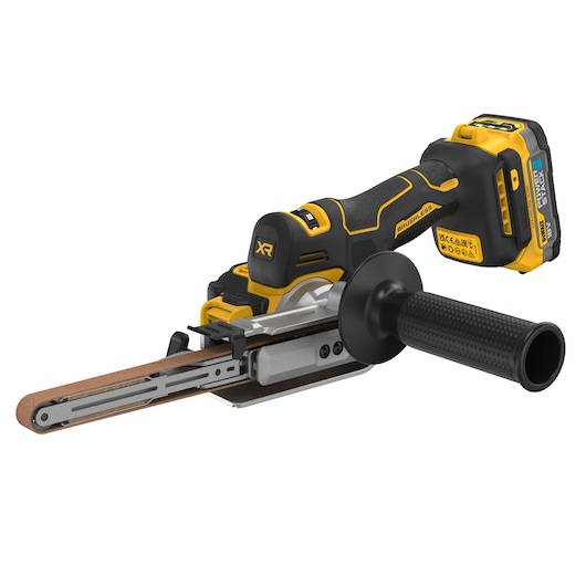 DEWALT cordless brushless belt sander with handle and battery, shown on a white background.